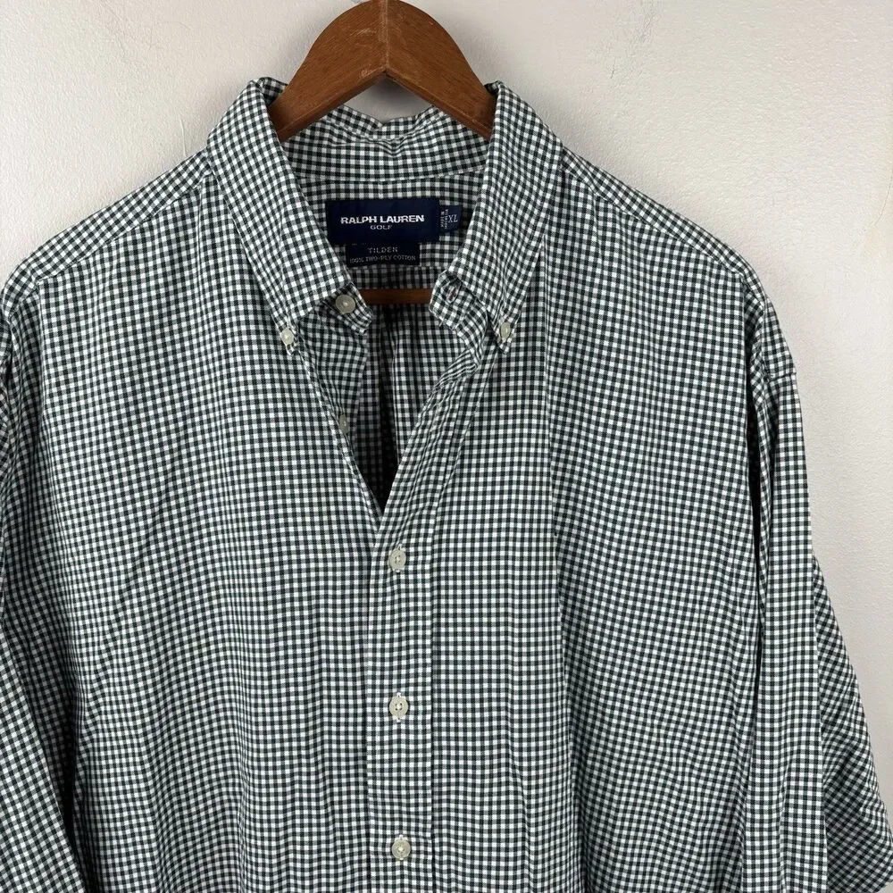 Ralph Lauren Golf Button Shirt Green Gingham Plaid Blue Pony Crest XL Tilden LS